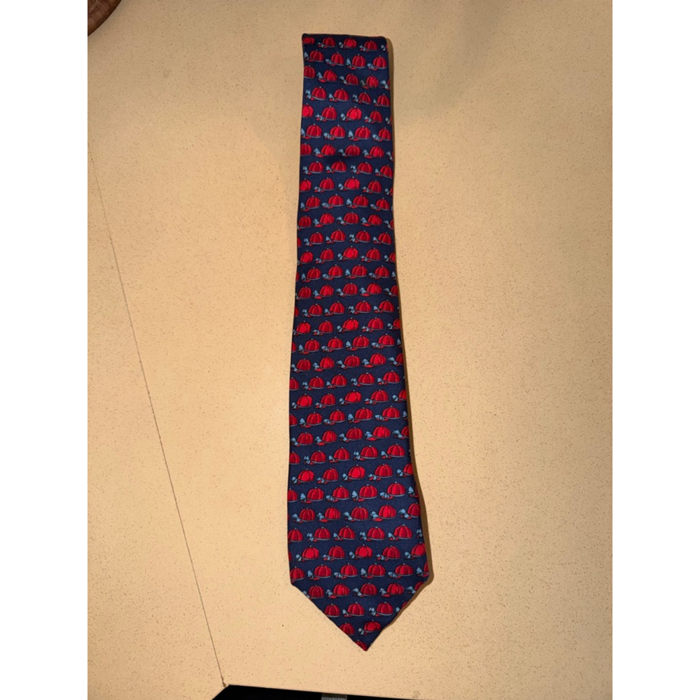 Men's Hermès Navy Red Jockey Hat Print Silk Tie One Size - Picture 4 of 5